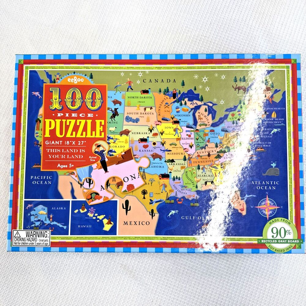 Eeboo 100 Pc Colorful United States Map Puzzle - This Land Is Your Land 18 x 27"